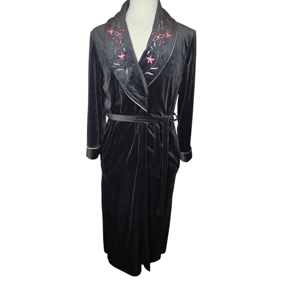 Vintage Black Velour Robe Embroidered Floral Shawl Collar Long Housecoat XL